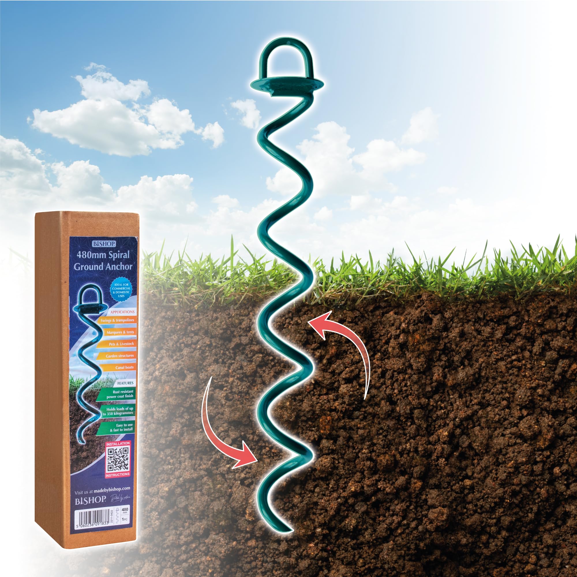 Bishop Security Ground Anchors Universal Screw for Trampolines, Tarpaulins & Swings (480mm, Pack of 1)