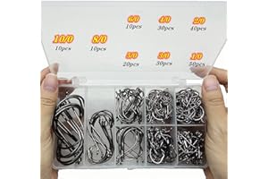 DAMIDEL 200Pcs/Box（Size:10/0... to...1/0 Strong Octopus Fishing Hooks, Forged Steel/Barded Design, Off-Set Point/Closed Eye, Strong/Sturdy, 10/0 8/0 6/0 5/0 4/0 3/0 2/0 1/0 Mixed Packaging