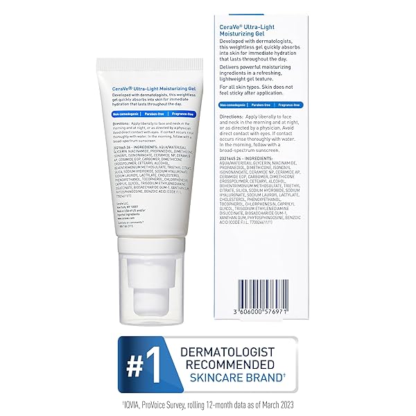 CERAVE ULTRA-LIGHT MOISTURIZING GEL, HYDRATING GEL FACE MOISTURIZER FOR MEN & FOR WOMEN WITH CERAMIDES, NIACINAMIDE, HYALURONIC ACID, FRAGRANCE FREE, OIL-FREE, MATTIFYING MOISTURIZER, 1.75 FL OZ