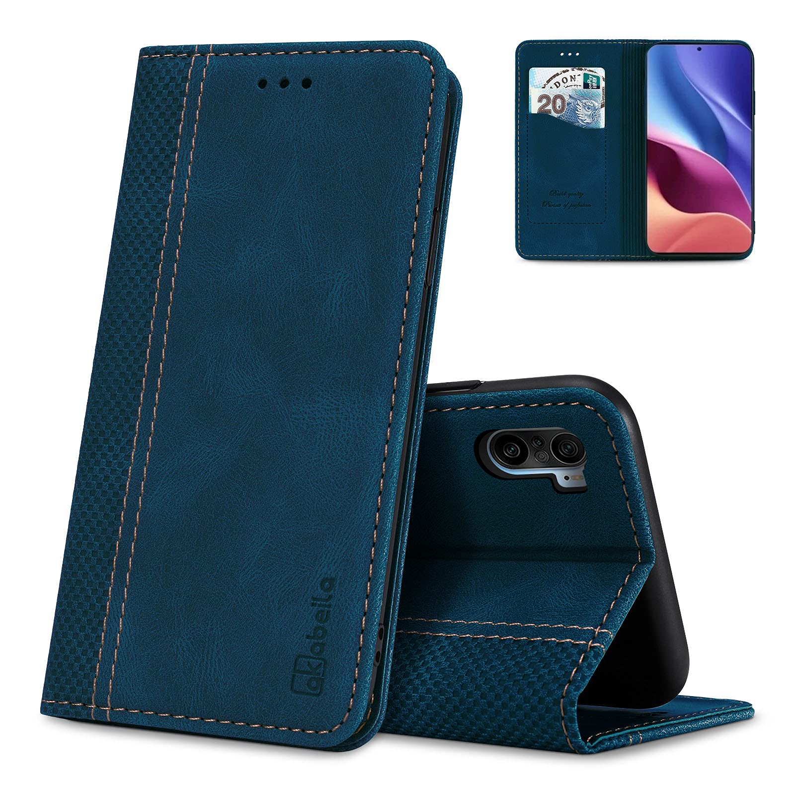 AKABEILA Case for Xiaomi Poco F3 PU Leather Flip Wallet Case with Magnetic Closure Kickstand Card Slots Folio Phone Case Cover Shockproof Blue — image 1