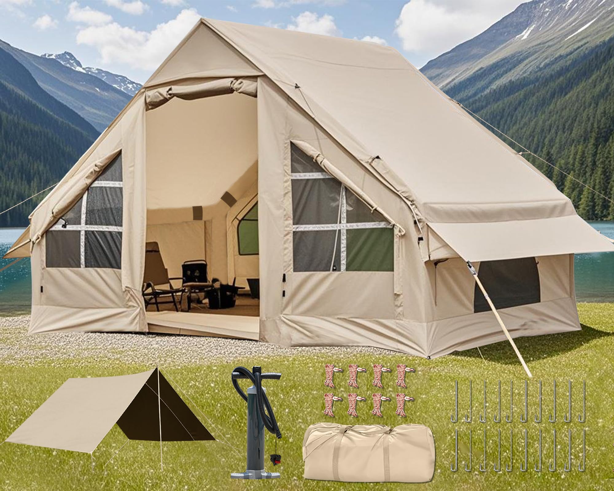 Photo 1 of 4-6 Person Inflatable Camping Tent, 9.8 * 7.2 FT Glamping Inflatable Tents with LargeTarps,2025 Update Zipper Door Easy Setup Blow Up Tents for Camping