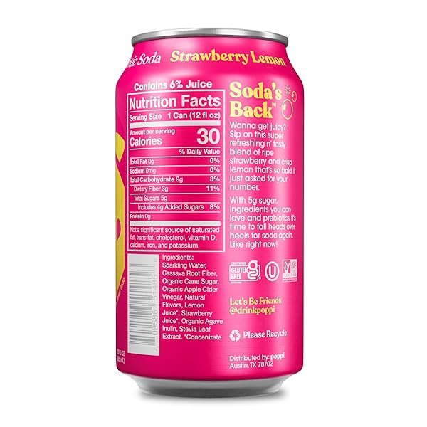 POPPI SPARKLING PREBIOTIC SODA BEVERAGE WITH APPLE CIDER VINEGAR, SELTZER WATER AND FRUIT JUICE, STRAWBERRY LEMON FLAVOR, 12 FL OZ, 1 COUNT, PACKAGING MAY VARY