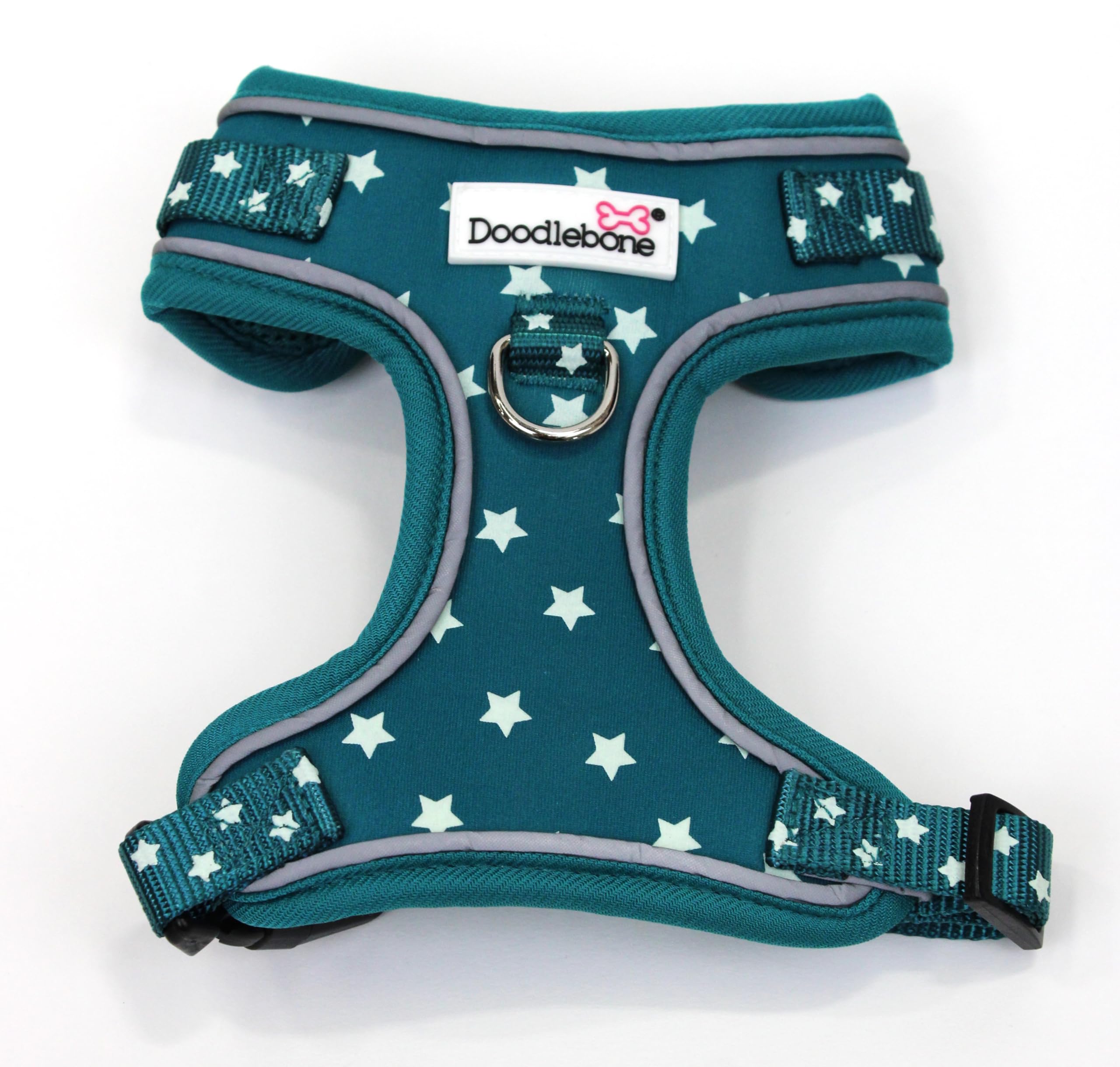Doodlebone - Adjustable Airmesh Harness - Over Head Dog Harness with Adjustable Neck and Chest, Dual D Rings, Breathable Mesh and Reflective Trim for Walkies - Size 4-7 - Teal Stars Glow in Dark