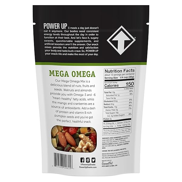 POWER UP TRAIL MIX, MEGA OMEGA TRAIL MIX, NON-GMO, VEGAN, GLUTEN FREE, NO ARTIFICIAL INGREDIENTS, GOURMET NUT, 14 OUNCE BAG