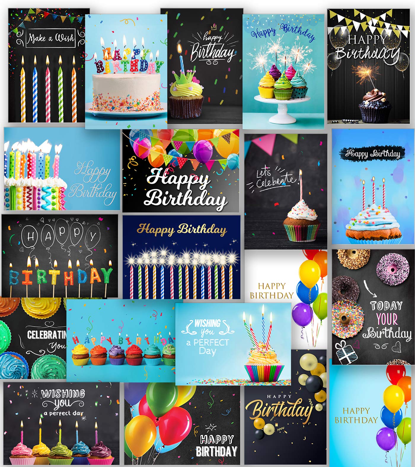 Happy Birthday Cards with Envelopes and Stickers 20 Pack of Unique Designs Greeting Notes, 4x6 Inches Folded, Thick Cardstock, Matte Finished in a Sturdy Box, Blank Inside