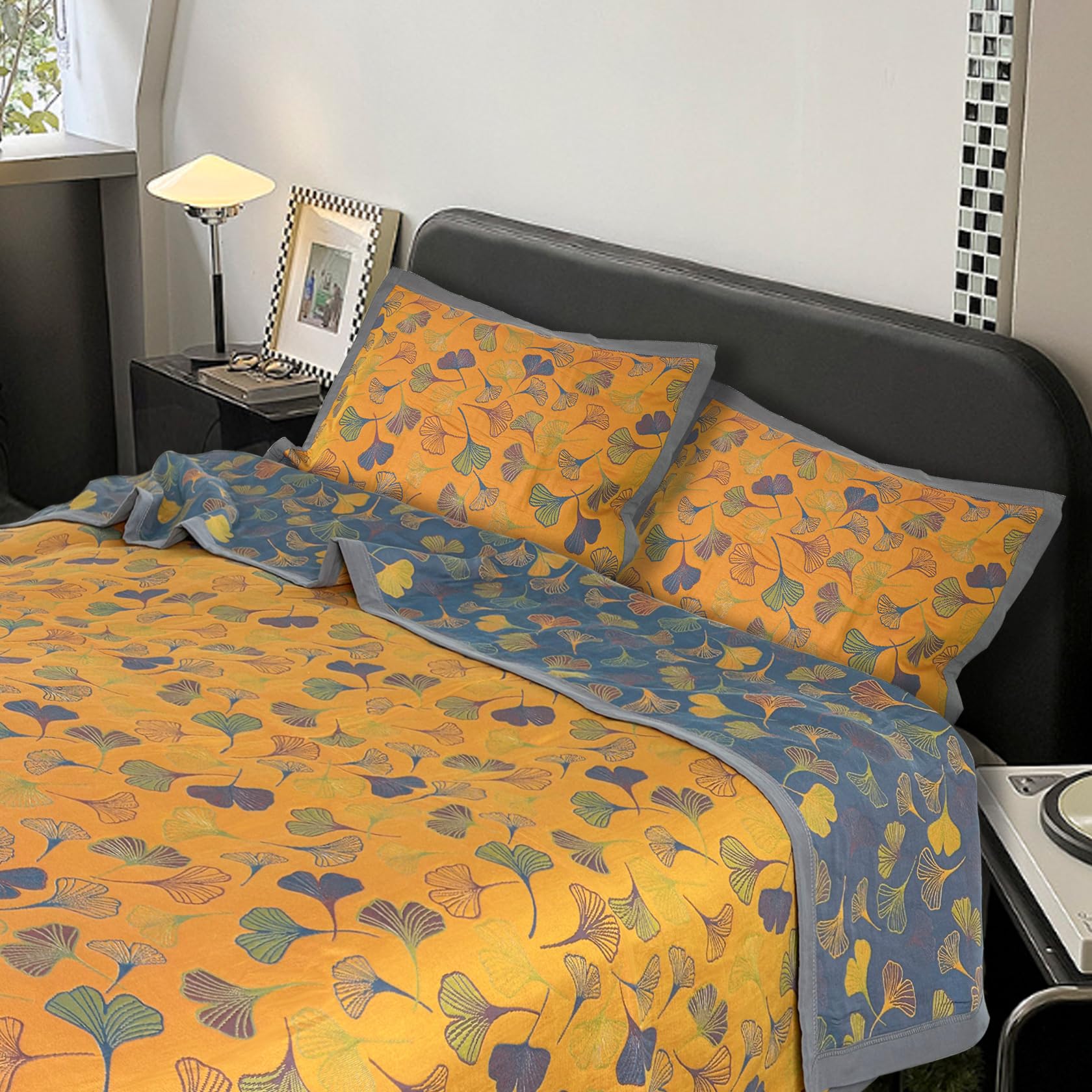 Photo 1 of 3 Piece Ginkgo Quilt Set with 2 Pillow Shams Queen Reversible Cotton Quilt Bedding Set Lightweight Bedspread Coverlet Sets Queen Size (Queen Quilt)