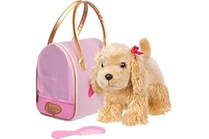Pucci Pups – Cocker Spaniel Stuffed Puppy with Pink and Gold Dotted Stuffed Animal Bag