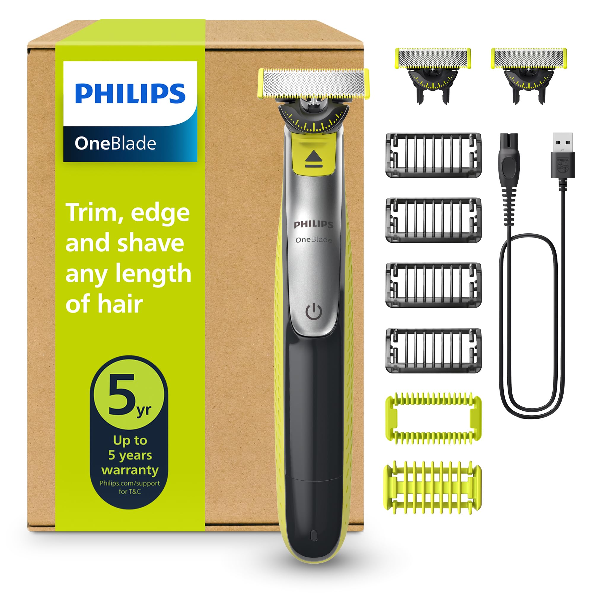 Philips OneBlade 360 Auténtico Barbero, afeitadora y recortadora eléctrica facial y corporal, 3x 360 cuchillas, 4x peine para barba incipiente (1,2,3,5mm), 1x kit corporal, QP2834/31