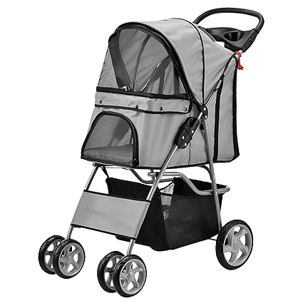 [pro.tec] Hundewagen Pet Stroller Hundebuggy Regenschutz zum Schieben Roadster inkl. Einkaufstasche Grau