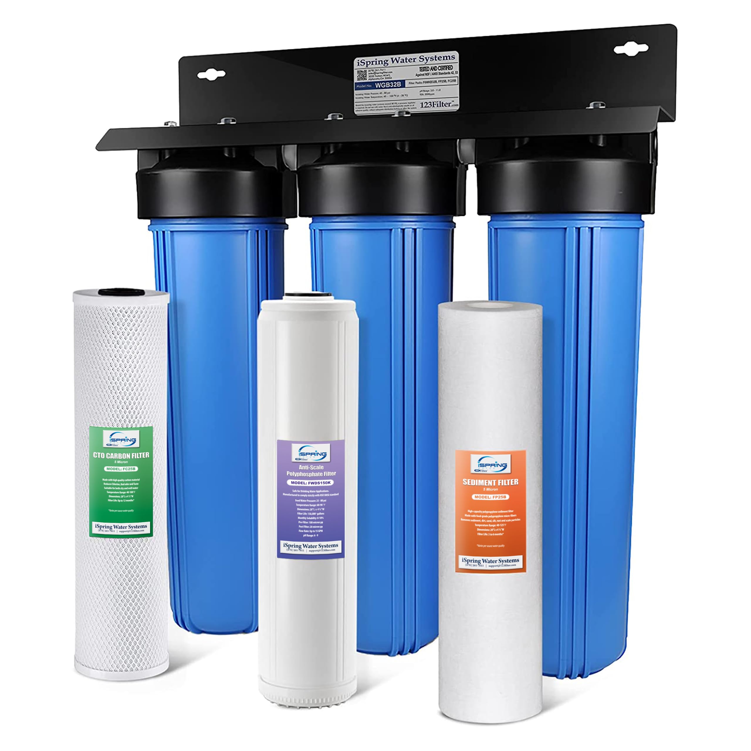 Photo 1 of iSpring Whole House Water Filter System w/ Sediment, Polyphosphate Anti-Scale, and Carbon Block Water Filters, 3-Stage Water Descaler and Water Filter, Model: WGB32B-DS