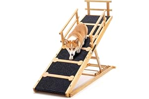 COSIEST Dog ramp for Bed, Wooden Pet Ramp Folding Portable for Couch and Bed, 64.5 Inch Long and Height Adjustable Dog ramp with Anti-Slip Grip & Safety Rails, Up to 200lbs, Wood