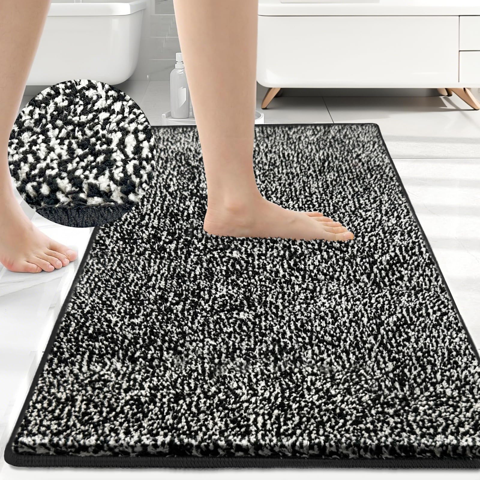 Photo 1 of HDFK Bathroom Rugs | Non Slip Washable Bath Mats 30x20 Inches 2 Tone Chenille Medium Pile TPR Backing Floor Mat | Quick Dry Water Absorbent Black and White | Shower Rug for Vanity Area & Decor