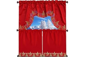 Grelucgo Embroidered Christmas Holiday Kitchen Window Rod Pocket Swag and Tiers Curtain Set (Holly Tree)