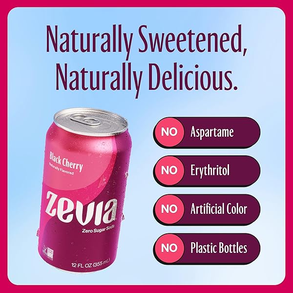 ZEVIA ZERO SUGAR SODA, BLACK CHERRY, 12 OZ CANS (24-PACK) – NATURALLY SWEETENED, NON-GMO PROJECT VERIFIED, GLUTEN-FREE, VEGAN