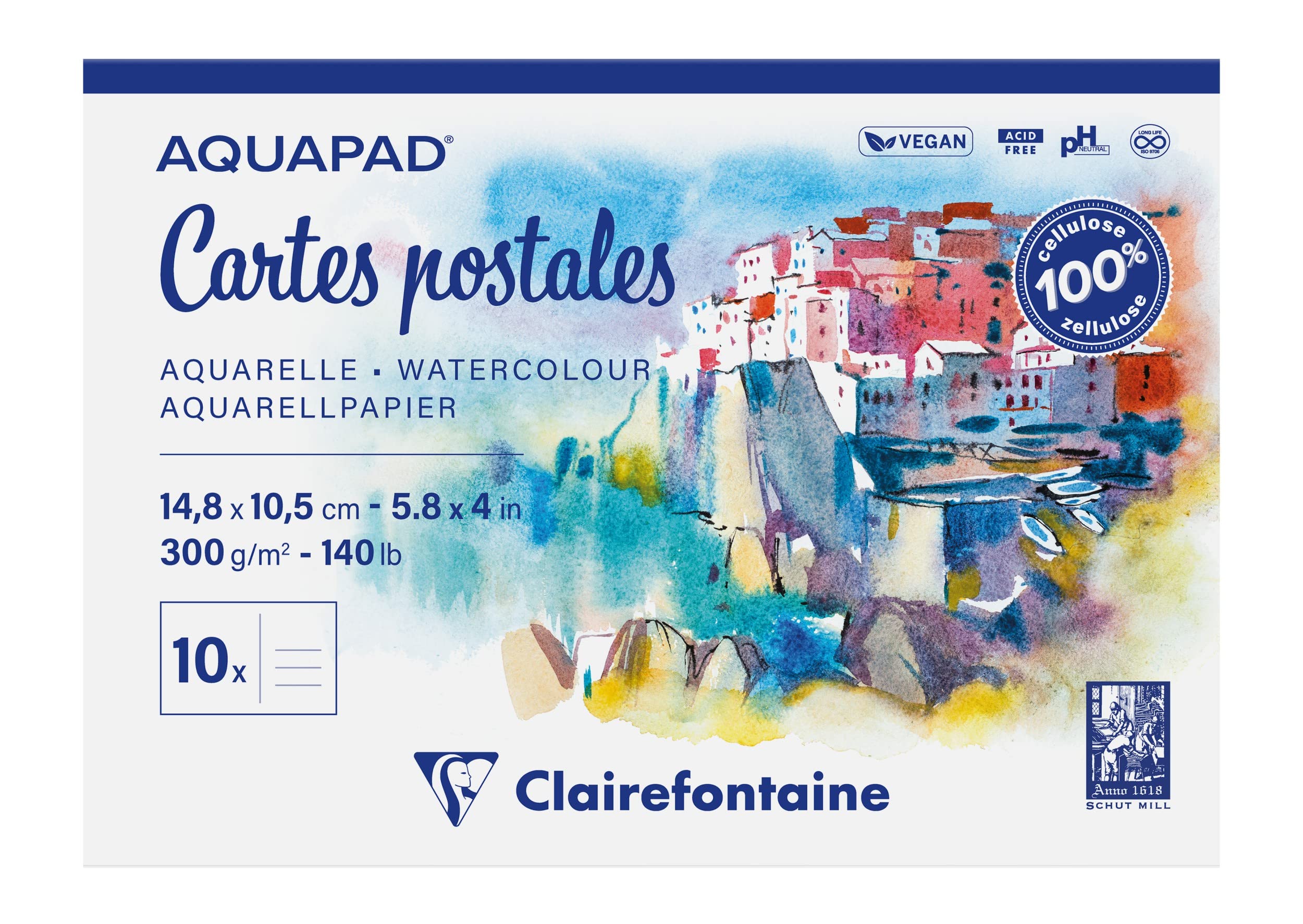 Clairefontaine 975954C - Aquapad Postcard Pad - 20 Sheets of Medium-Fine Grain White Watercolour Paper A6 14.8x10.8 cm 300g - Ideal for Globetrotting Artists