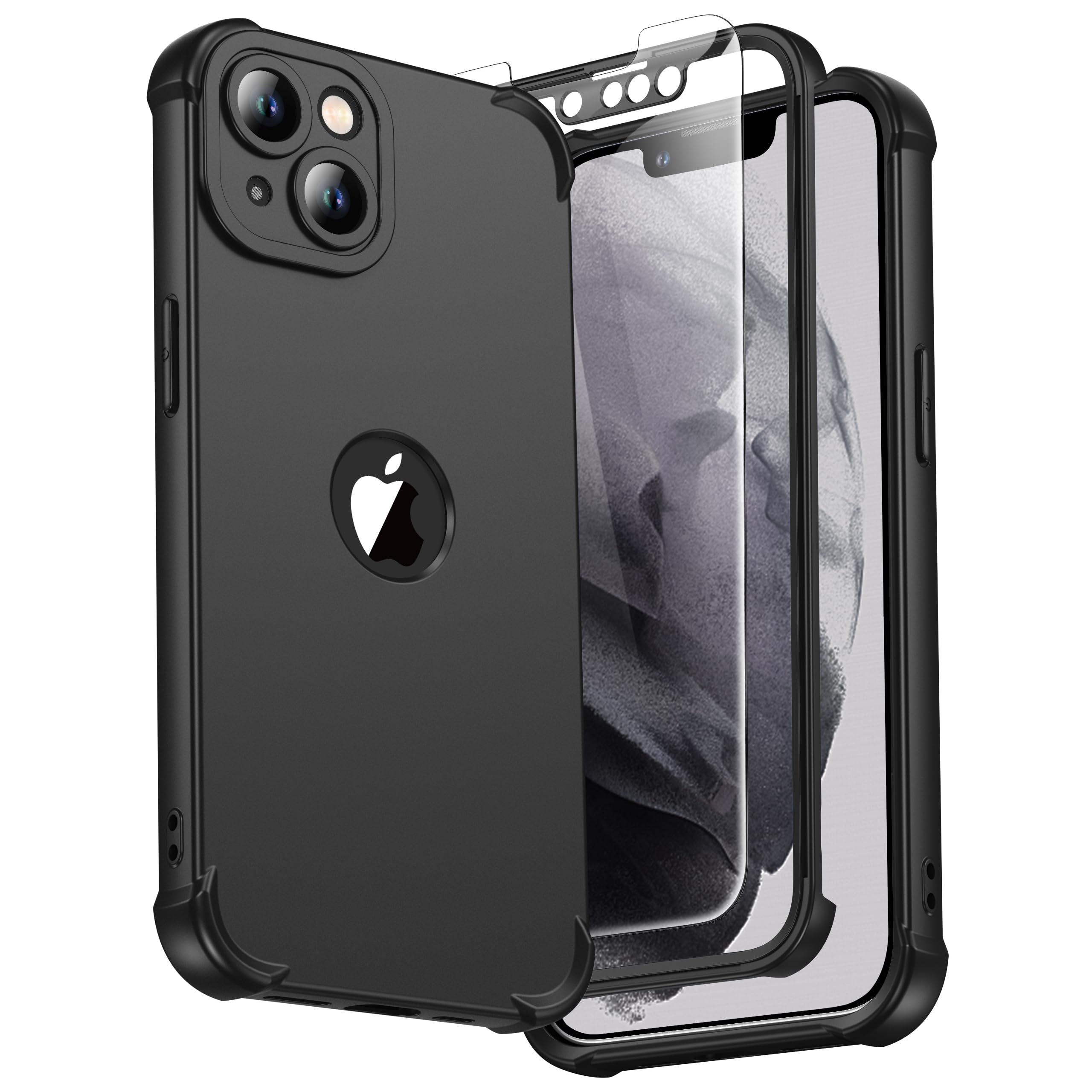 ORETECH for iPhone 13 Case, with [2 Pack Tempered Glass Screen Protector] [Camera Lens Guard] [15FT Military Grade Drop Test] 360° Shockproof Slim Fit Rubber Bumper Phone Cover - Black — image 1