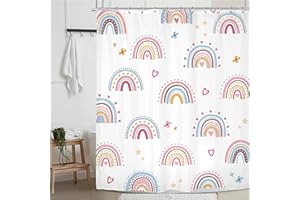 Cinbloo Girls Boho Rainbow Shower Curtain 60Wx72H Kids Cartoon Cute Colorful Bohemian Rainbow Bathroom Curtain Lovely Love Heart Stars Blue Pink Baby Boys Nursery Fabric Bathroom Decor with 12 Hooks