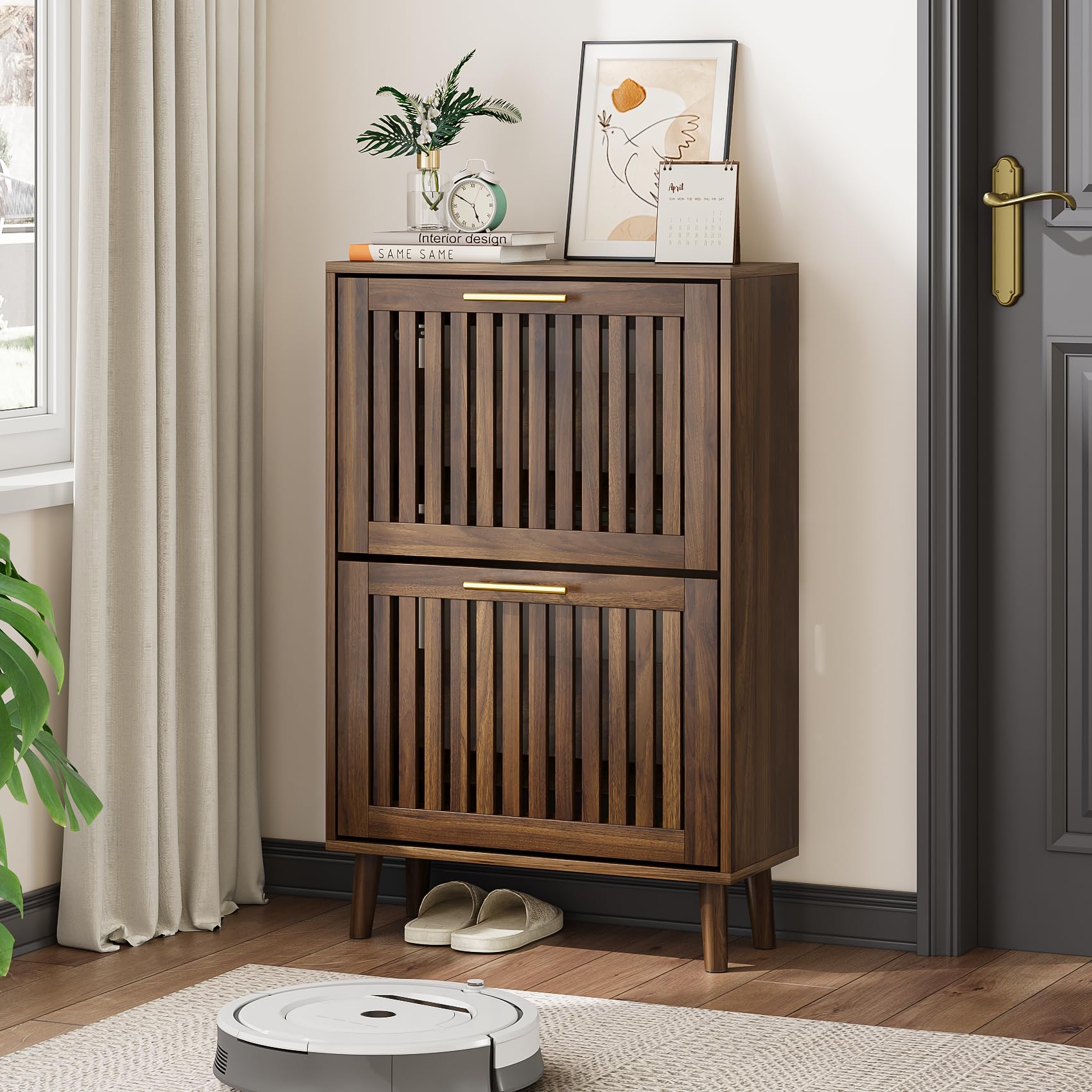 Photo 1 of Shoe Cabinet, Shoe Storage Cabinet with Louvered 2 Flip Drawers, Narrow Shoe Cabinet Storage for Entryway, Freestanding Shoe Organizer Cabinet with Golden Handles, Slim Shoe Rack Cabinet (Walnut)