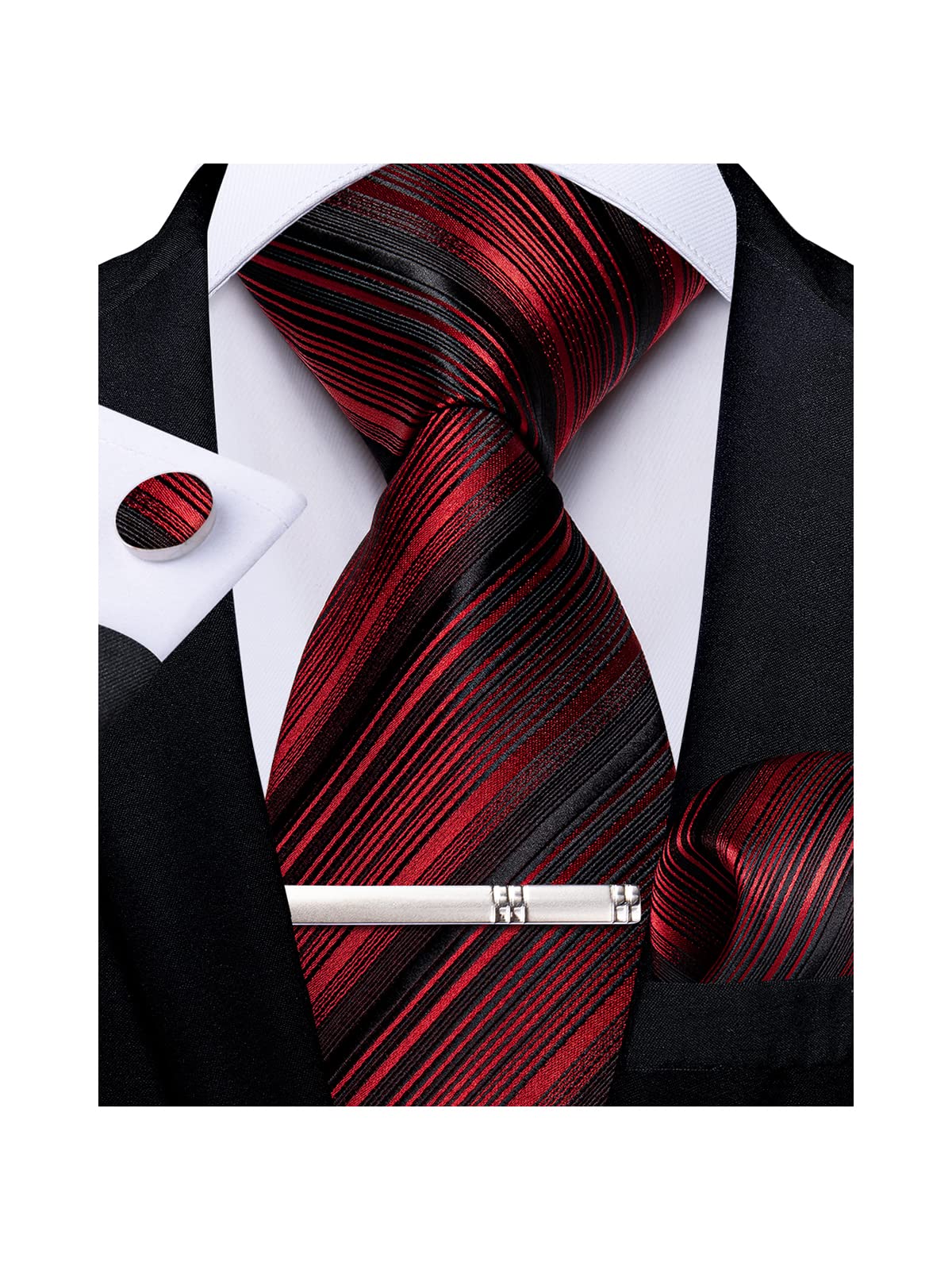DiBanGu Tie for Men Silk Black and Red Necktie and Pocket Square Cufflinks Tie Clip Set Classic Formal Ties for Wedding Party