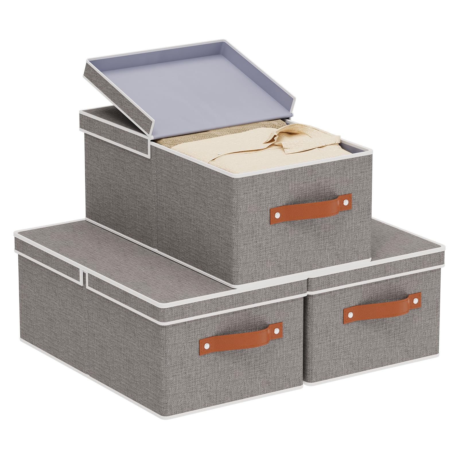 YheenLf 3-Pack Storage Boxes, Decorative Fabric Organizer Container Baskets with Handles for Shelves, Collapsible Clothes Cubes with Detachable Lid, Gray, 41×25×16.5 cm