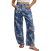 Flamingals Women's Floral Printed Criss Cross Mid Waist Stitch Detail Barrel Leg Jeans
