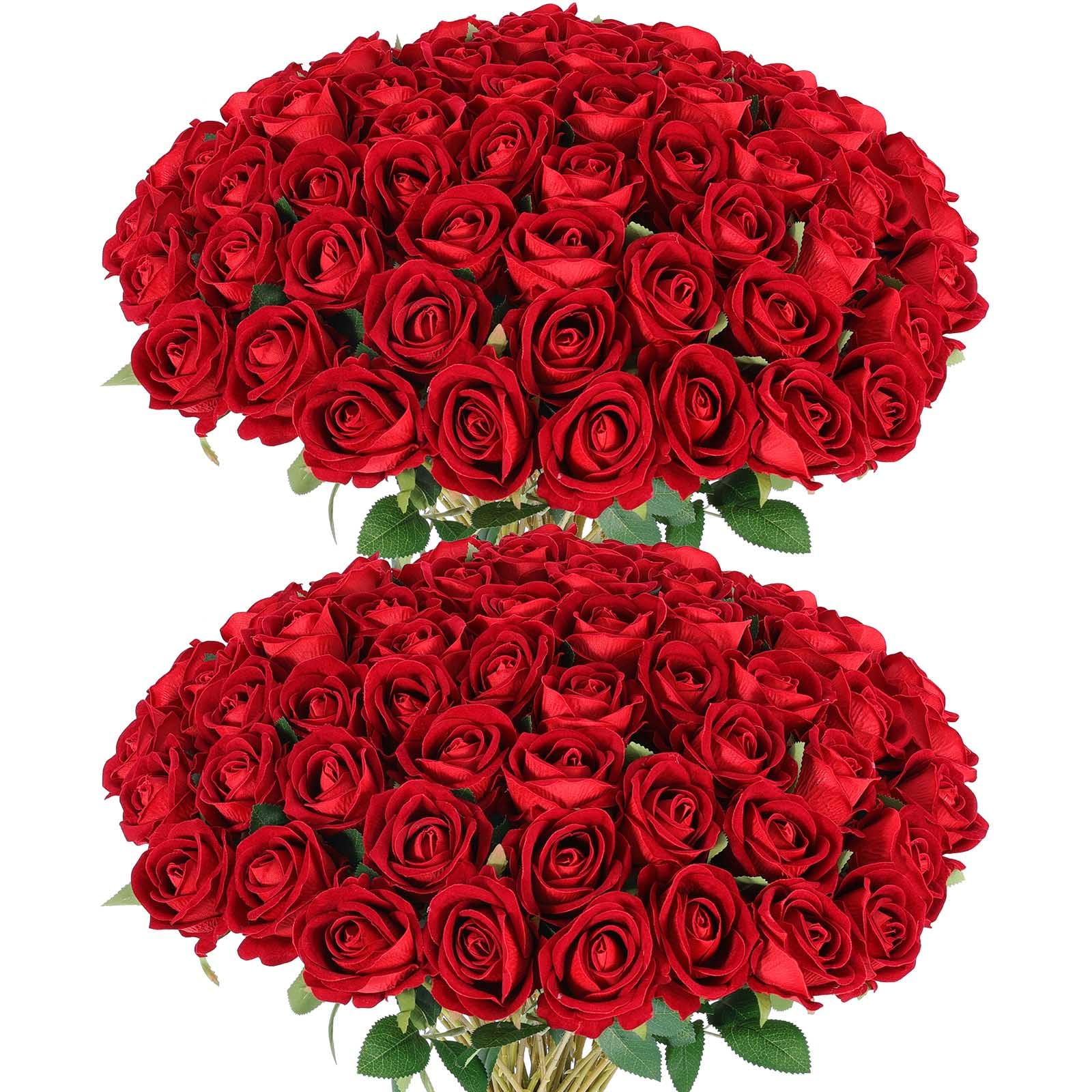 Photo 1 of 60 Pcs Artificial Roses Bulk Velvet Silk Red Rose Burgundy Roses for Wedding Centerpieces Bridal Bouquet Mohter's Day Valentine's Day Christmas Home Decor (60, Burgundy)