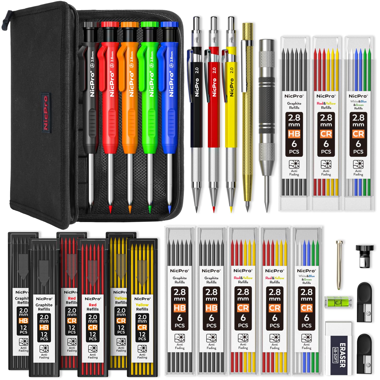 Nicpro 31 Pack Carpenter Pencil Set with Sharpener, Mechanical Carpenter Pencils with 128PCS Refills and Carbide Scribe Tool, Heavy Duty Construction Pencils for Architect Woodworking-With Canvas Case