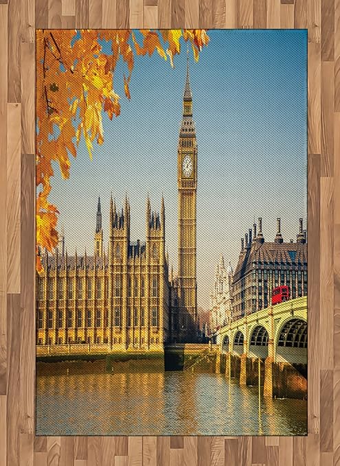 Amazon Com Lunarable London Area Rug Historical Big Ben And Westminster Bridge Red Bus View Autumn Leaves Image Flat Woven Accent Rug For Living Room Bedroom Dining Room 4 X 5 7 Yellow Orange