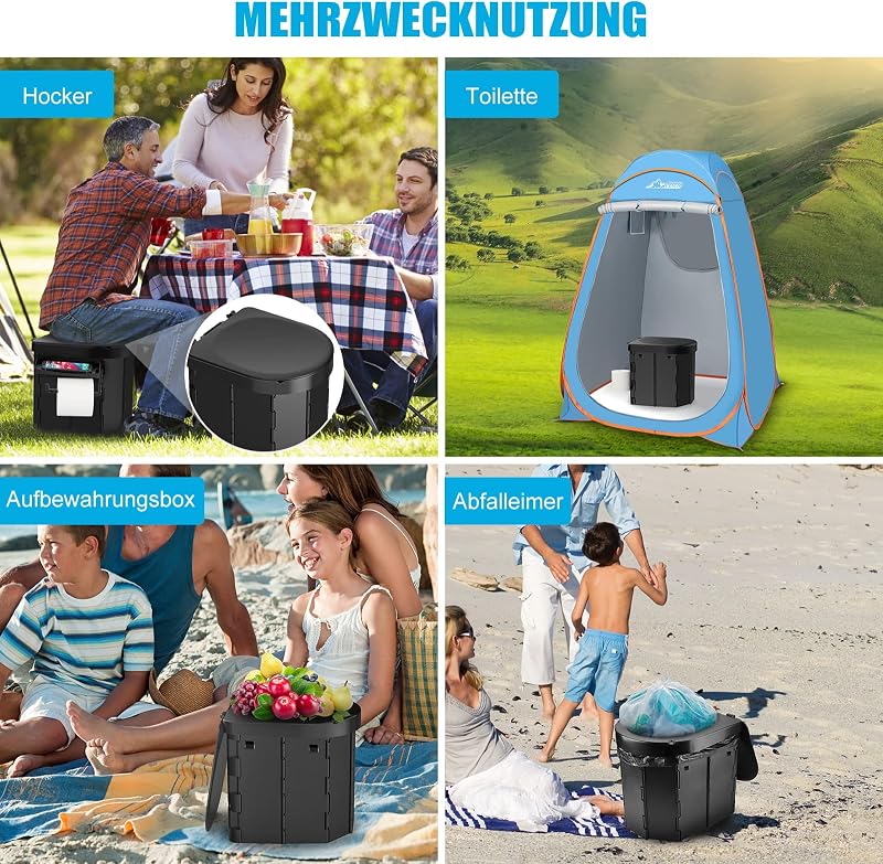 Campingtoilette Mobile Toilette Reisetoilette, Tragbare Toilette für drinnen und draußen belastbar bis zu 180kg, Falttoilette mit Beutel und Papierhalter, Camping Klo für Camping Reisen Notfall