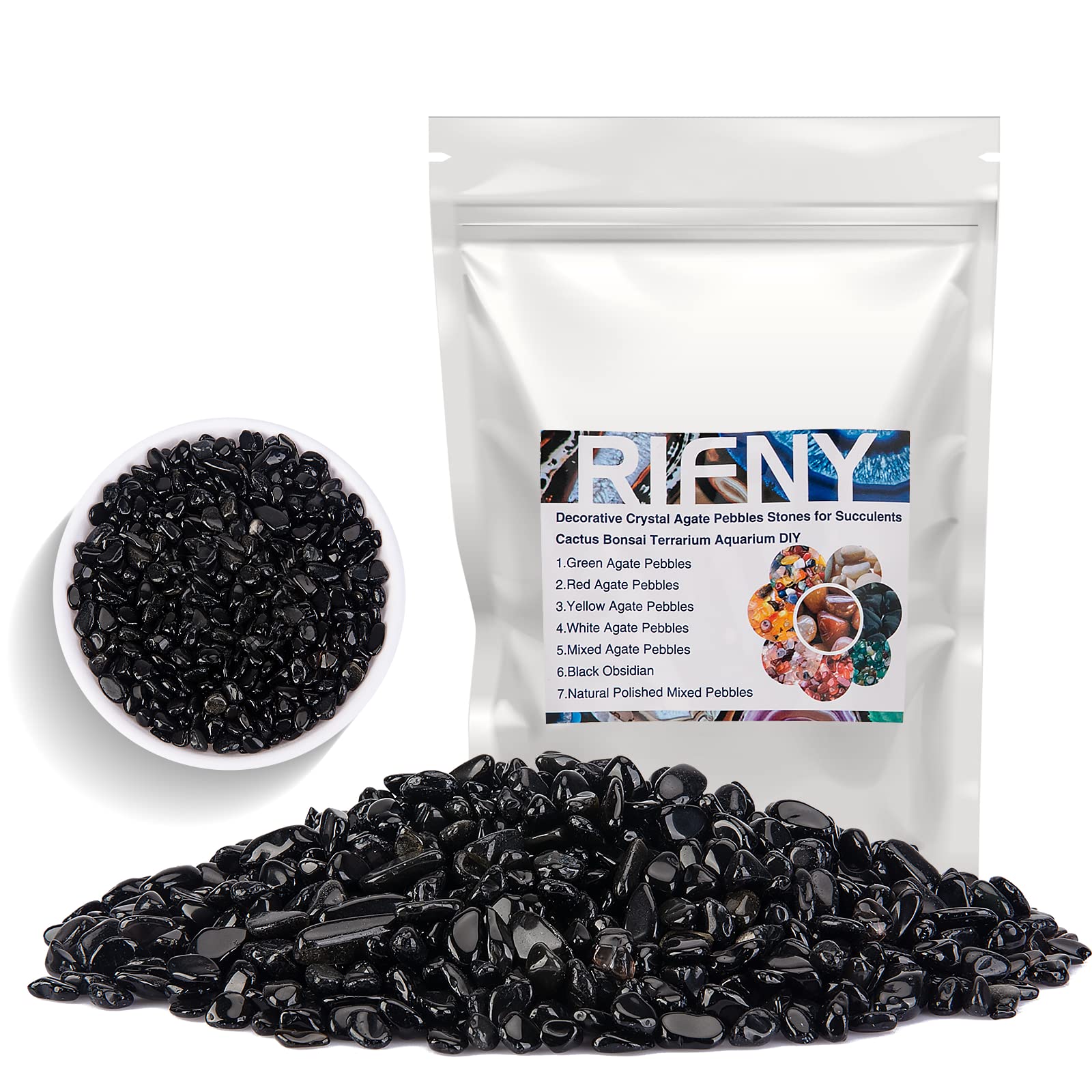 Decorative Stones, Natural River Pebbles Crushed Crystal Chips Stone for Fish Tank, Potted Succulents, Flowerpot, Cactus, Home Garden Decoration, Vase Filler Gravel Rocks (1.5 Lb) (Black Obsidian)