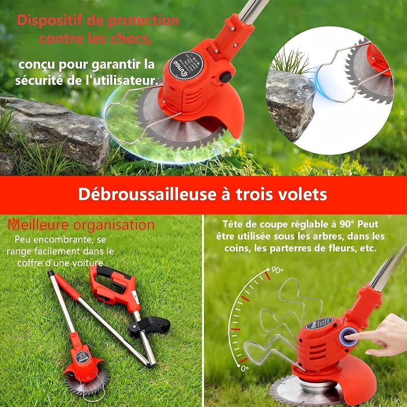 Debroussailleuse Electrique sans Fil, Débroussailleuse à Gazon Pliable avec 2 Batteries et 4 Types de Lames, Triple poignée Pliant, Pelouses et Terres Agricoles