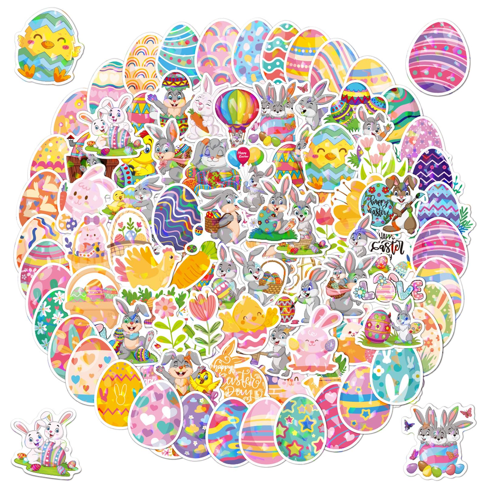 QXCFTW 100Pcs Easter Bunny Stickers, Egg Cutouts Bulletin Board Decoration Set, DIY Easter Themed Pattern, Colorful Egg Bunny Chick Decals Stickers, for Decorations Home Party Ornaments