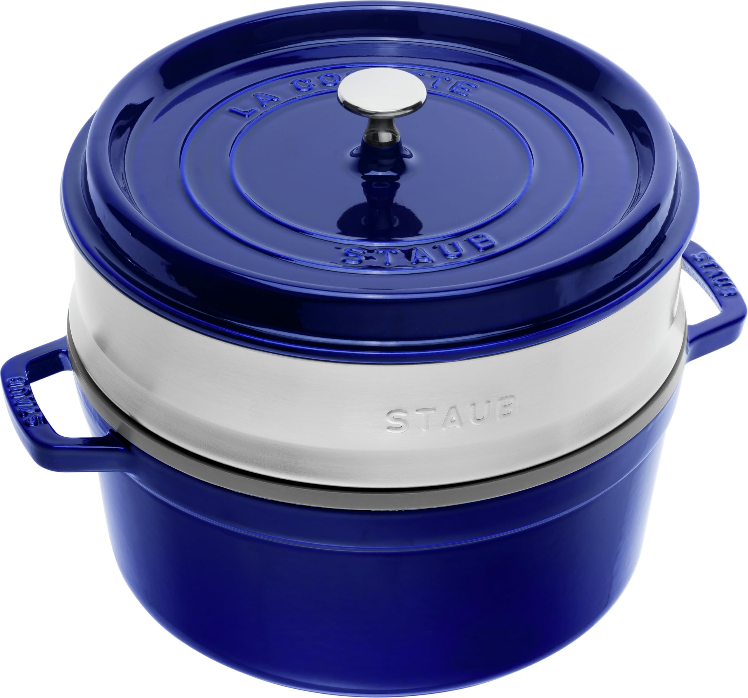 STAUB Casseruola/Cocotte in ghisa, Con inserto per cottura a vapore, Tonda 26 cm, 5,2 litri, Interno della pentola con smaltatura nera opaca, Blu scuro