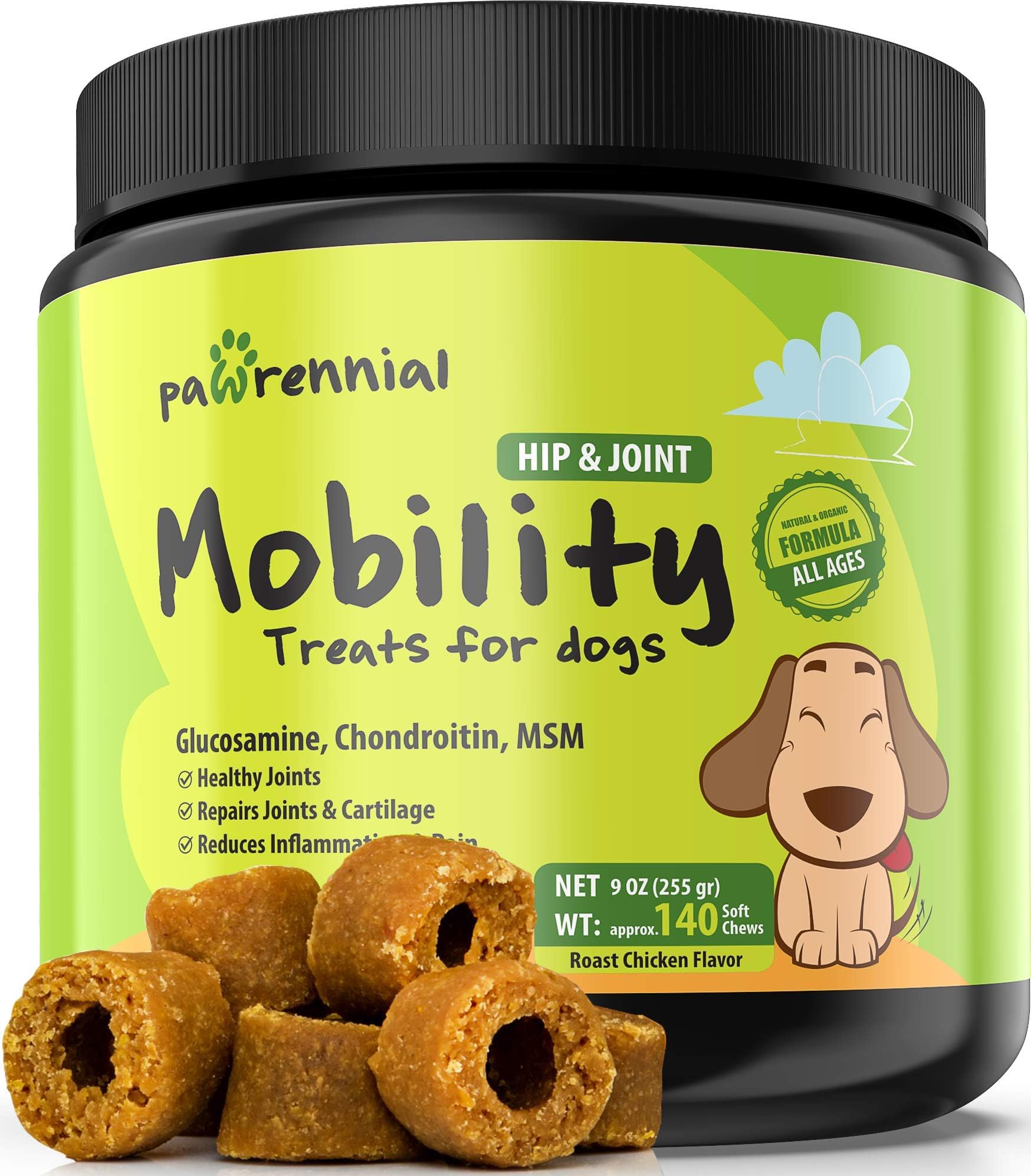 Pawrennial Glucosamine for Dogs - 140 Soft Chews Treats - Natural & Organic Hip and Joint Supplement for Dogs, Glucosamine Chondroitin for Dogs, MSM Turmeric & Hemp Seed Virgin Oil Omega 3-6