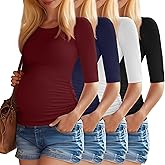 Sweetyweee 4 Pack Women's Maternity Shirts, Half Sleeve Side Ruched Tops Crew Neck Summer Casual Pregnancy Clothes