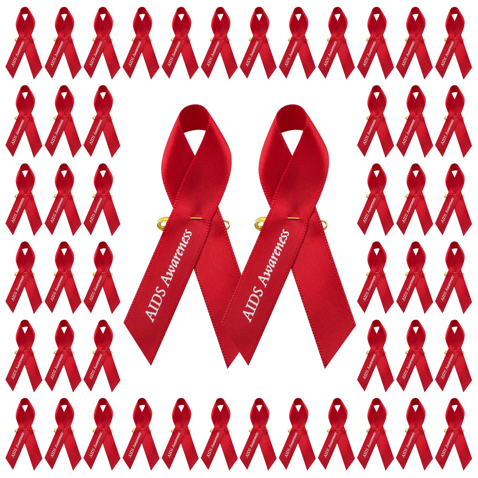 WANDIC Red Ribbon with Safety Pins, 100 Pieces HIV/AIDS Awareness Pins Red Ribbon Brooch for Party Event Supplies Clothing Decoration