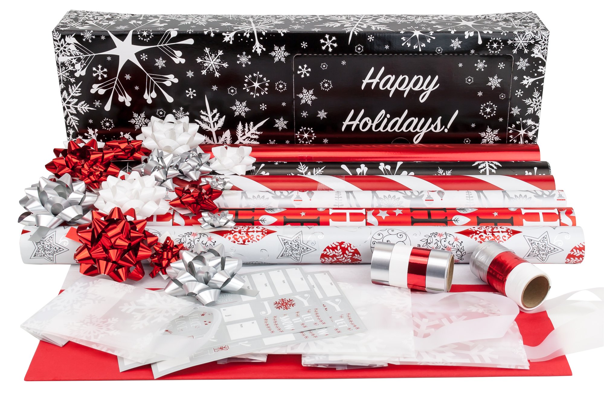 Red + Silver Designer Wrapping Paper Set 6 Rolls with Coordinated Bows
