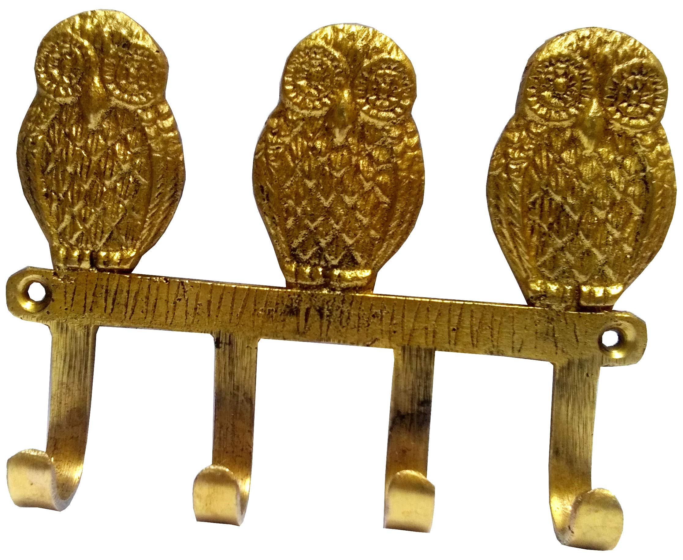 Purpledip Brass Wall Hooks 'Three Wise Owls': Vintage Design Decorative Hanger (11817)