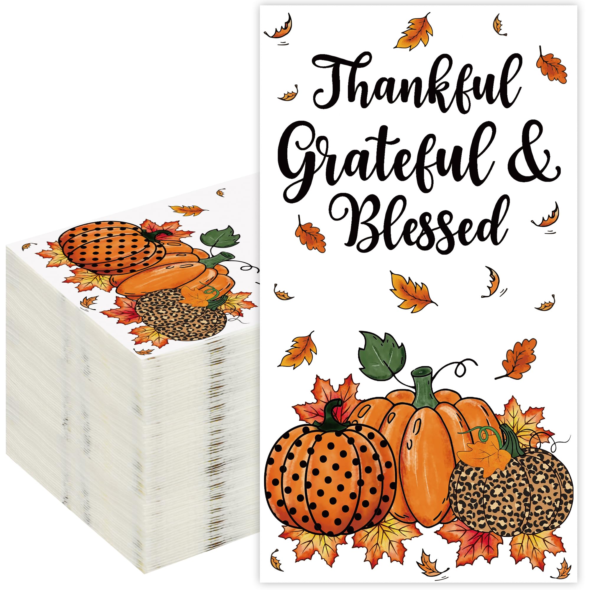 Photo 1 of 100PCS Fall Guest Napkin Thanksgiving Pumpkin Disposable Paper Napkins 3-Ply Pumpkin Maple Leaf Thankful Hand Paper Towels for Thanksgiving Harvest Autumn Home Dinner Kitchen Holiday Party Supplies