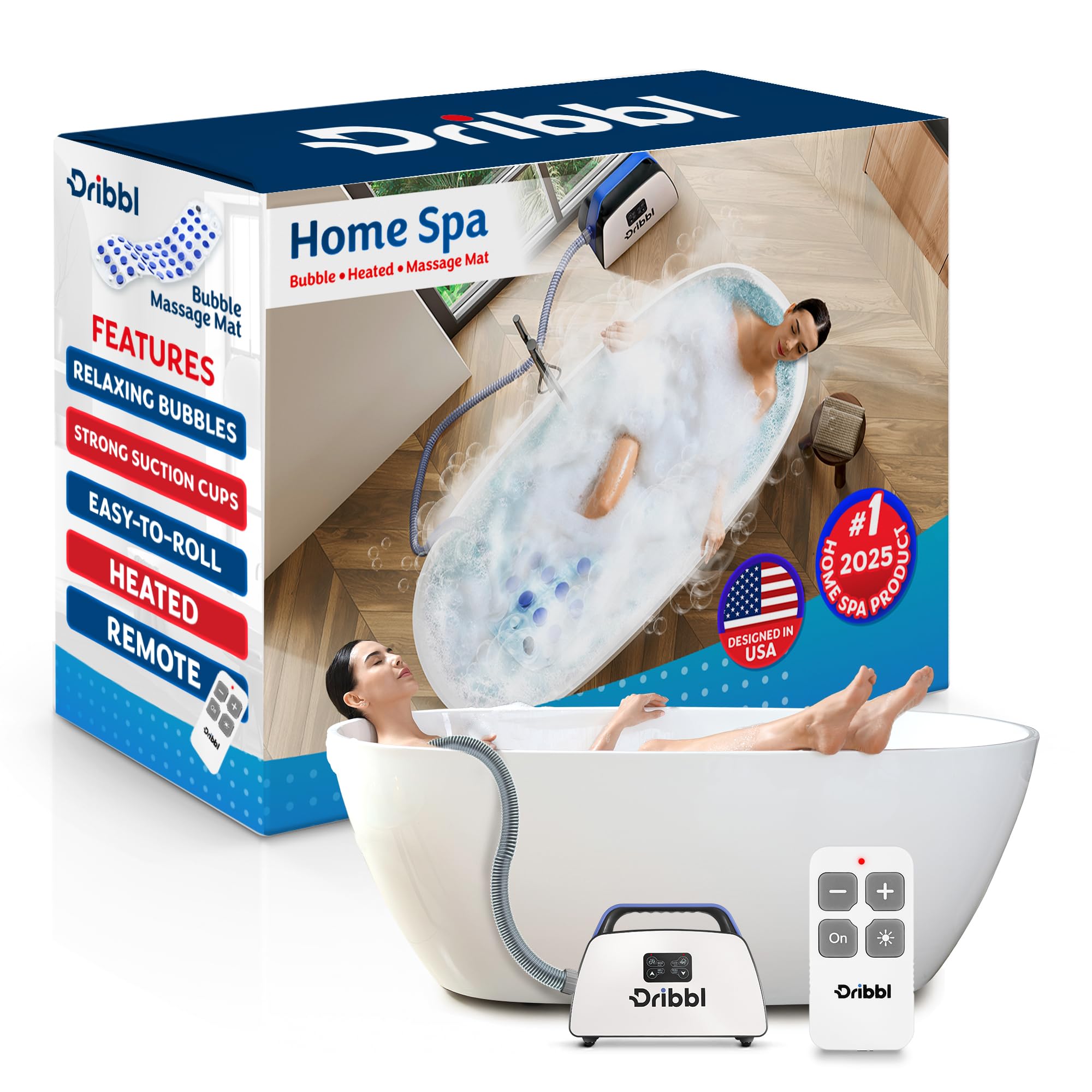 Photo 1 of Dribbl Electric Bubble Massage Bathtub Mat – Non-Slip Full-Body Waterproof Hot Tub Spa Mat for Bath with Heater, Motorized Air Pump, and Remote Control, 6-Speed Adjustable Massage, Blue