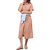 Burtell Women Casual Striped Button Down Pleated Shirt Maxi Dress Summer Lapel V Neck Short Sleeve Empire Waist Long Dress
