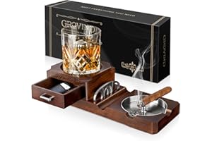 Grovind Cigar Ashtrays, Whiskey Glass Tray and Wooden Ash Tray Detachable Outdoor Ashtray for Cigarettes, Gift Set with Cigar Cutter, Great Decor for Home Office Gifts for Men