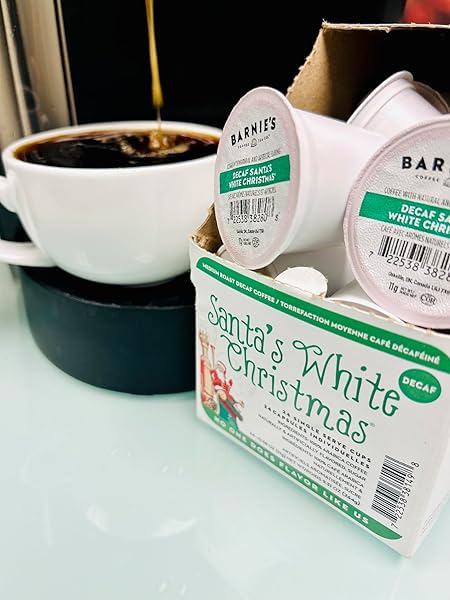 BARNIE’S COFFEE TEA CO. SINGLE SERVE K CUPS FOR KEURIG BREWERS MEDIUM ROAST ARABICA COFFE BEANS, DECAF SANTA’S WHITE CHRISTMAS, 22 COUNT