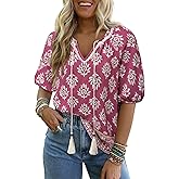 Vivilli Womens Summer Boho Tops Casual V Neck Short Sleeve Blouses Floral Print Shirt Tie Front Flowy Vacation Clothes