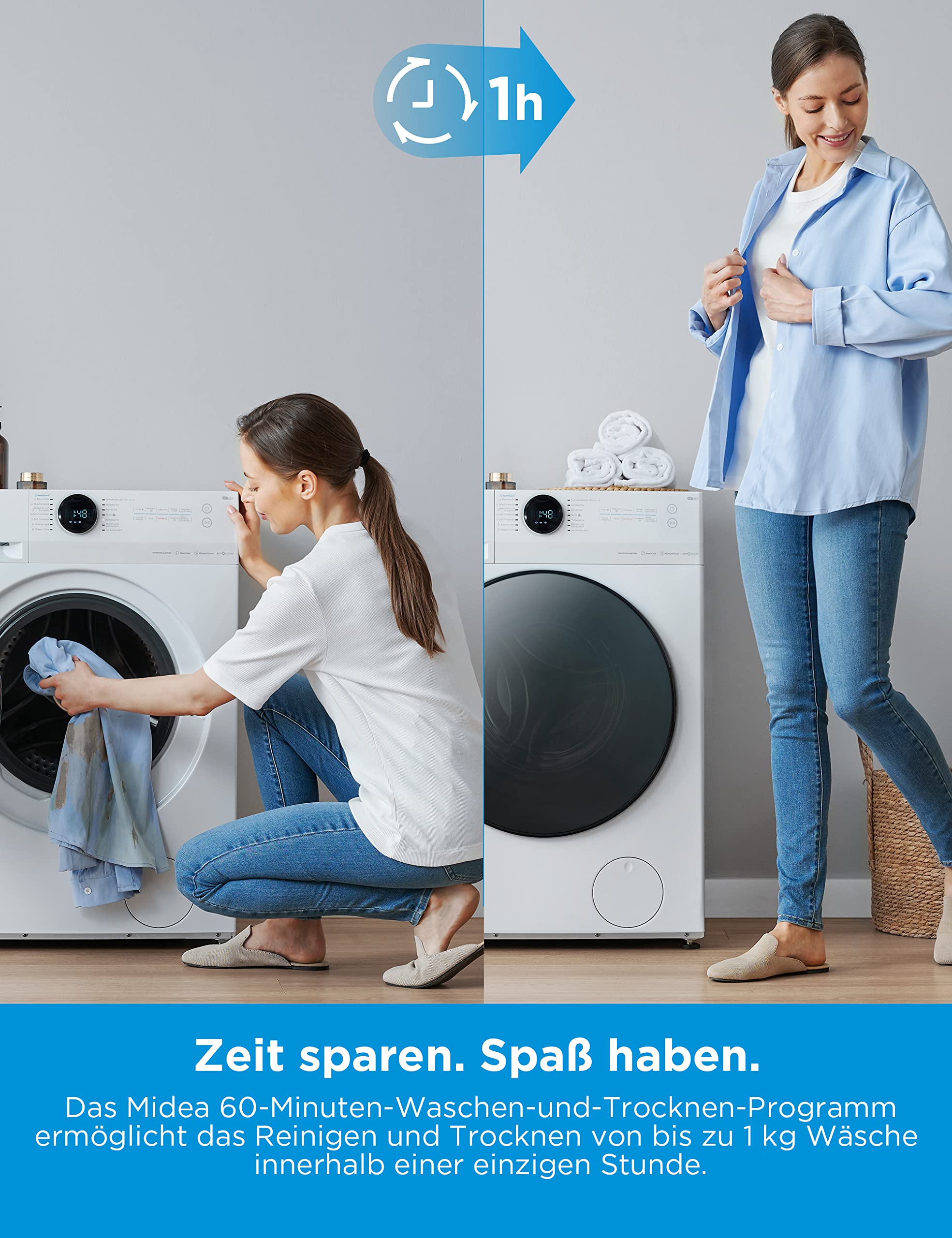 Midea MF200D86WB-14EAS Waschtrokner, 8/6kg Waschen/Trocknen, A, Inverter Mortor, Auffrischen, 60 Min. Waschen & Trocknen, Steam Care, Turbo Wash, 48 cm tief, APP-Steuerung, AquaStop 3