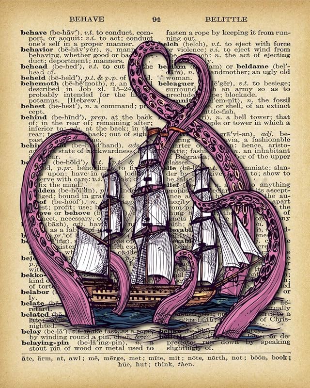 Kraken Octopus Ship Dictionary Wall Art Prints - Gift for Steampunk Fans and Hot Air Balloon Enthusiasts - Decor Vintage Print Dictionary Wall Art Pictures Paintings UnFramed…