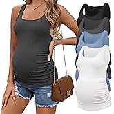 Ekouaer 4 Pack Maternity Tank Tops Ribbed Summer Pregnancy Shirts Ruch Side Tops Casual Square Neck Postpartum Clothes S-2XL