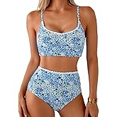 Herseas Women's Ruched Bikini Sets Two Piece Allover Printed Swimsuits High Waisted Bathing Suits