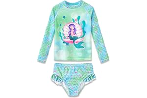 Dvenki Girls Long Sleeve Rash Guard One Piece Swimsuit - Mermaid Checker Face Zipper Front Toddler Bathing Suit 2T-10
