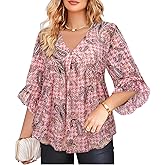 Amrto Womens Tops Plus Size Fashion Chiffon Blouses 3/4 Sleeve Ruffle Dressy Casual Cocktail Party Business Wedding